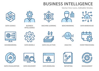 Business Intelligence line icons set. Vector illustration. Editable stroke.