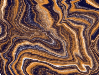 Fashionable abstract colorful background is made in the technique of fluid art with yellow accents. Liquid marble texture.  The marble design. Hand-drawn fluid.