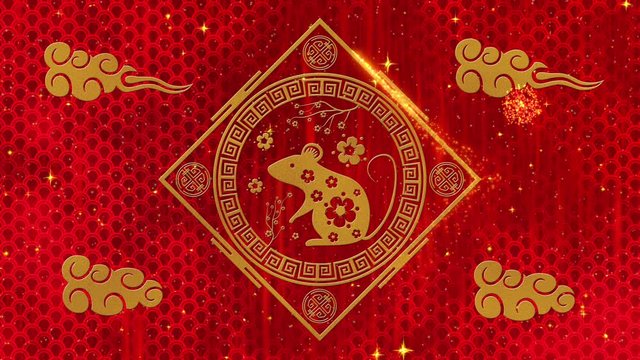 Lunar New Year, Spring Festival background with golden rat, fireworks, glittering stars, dragon pattern. Chinese new year red paper backdrop for holiday event. 3D rendering animation. Seamless loop 4k