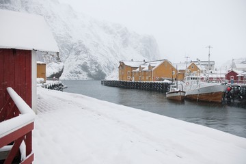 Fishing harbour in Nusfjord Flakstadoya. Loftofen Archipelago Norway