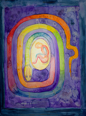 Cosmic serpent with egg. The dabbing technique near the edges gives a soft focus effect due to the altered surface roughness of the paper.