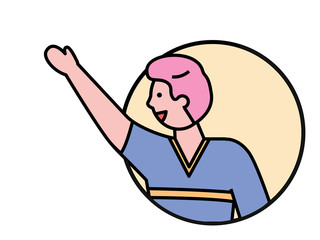 Child stretching arm pointing aside, isolated character portrait. Profile of male personage wearing polo. Teenager smiling expressing himself. Student reacting emotionally vector in flat style