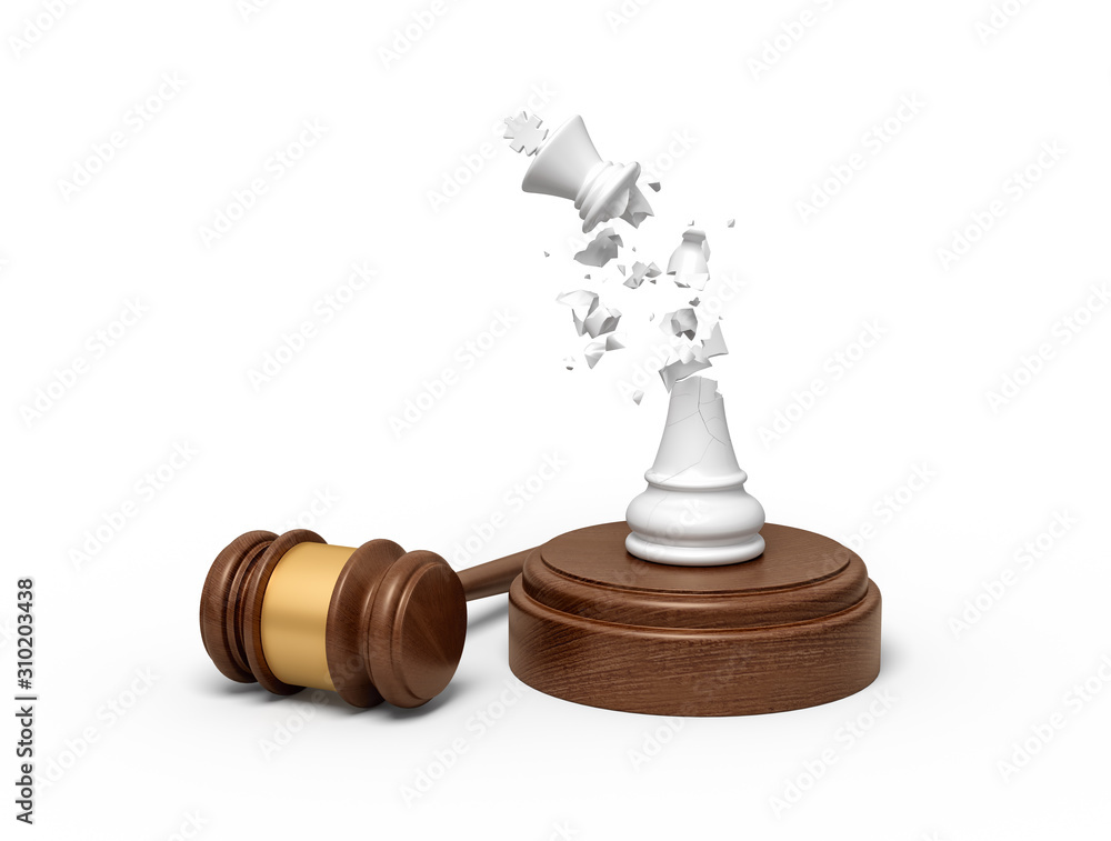 Poster 3d rendering of broken white chess king, its crumbs in air, standing on sounding block with gavel be