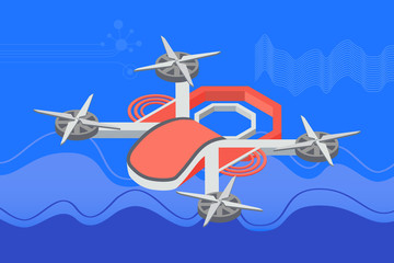 Obraz premium Quadcopter flying, area in purple color, 3d view of wireless device in sky, controlling equipment. Multicopter innovation, piloting object, professional modern robot with propeller, security vector