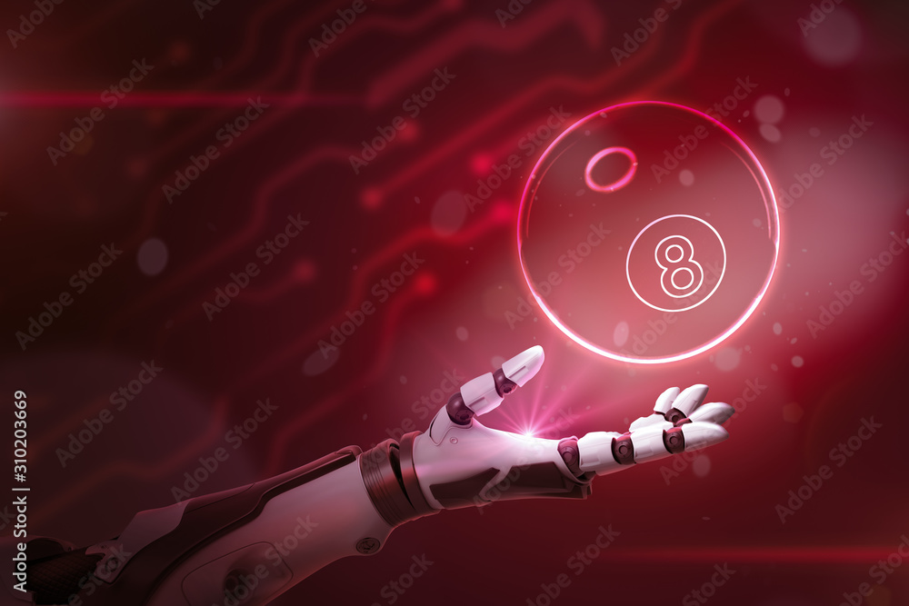 Poster 3d rendering of robotic hand and pool and billiard ball on neon red background