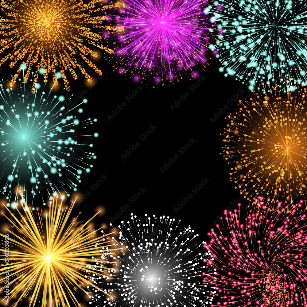 Poster banner with copy space and fireworks. twinkling and shining lights with empty place. decoration with