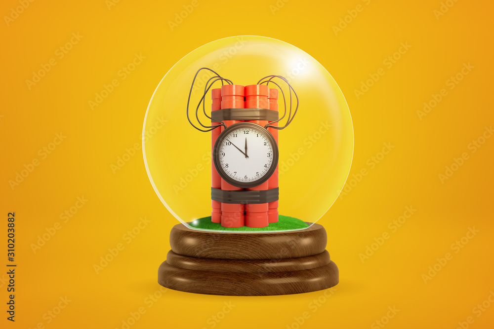 Aufkleber 3d rendering of red bundle of dynamite with time bomb standing inside glass ball globe on amber back