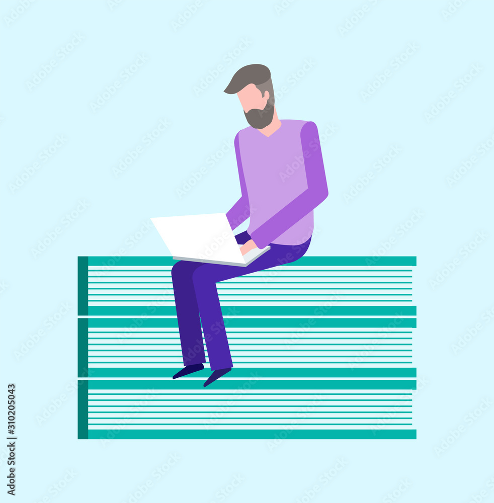 Poster man sitting on books and coding vector, freelancer man using laptop, innovative computer technologie