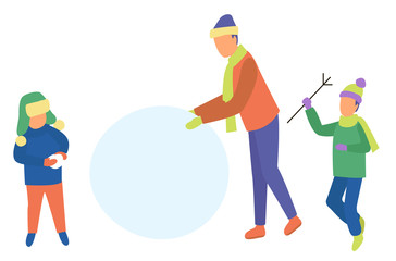 Fototapeta premium Man and childrens making snowman outdoor. Girl and boy standing near snowball, little child holding stick. Family leisure on winter holiday in park. People wearing casual clothes and scarf vector
