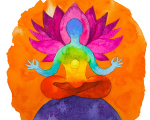 Disegno grafico Posizione del loto. Forza di 7 chakra - obrazy, fototapety, plakaty