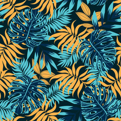 Summer seamless pattern. Tropical leaves and plants on a dark background. Illustration in Hawaiian style. Jungle leaves. Botanical pattern. Vector background for various surface. Exotic wallpaper.