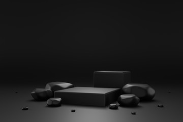 Black rock pedestal or podium display with stone platform concept on dark background. Blank shelf...