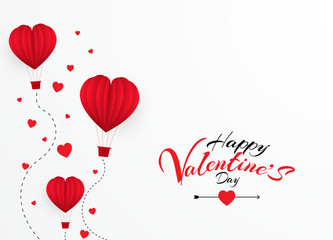 Happy valentines day card design with realistic paper 3d cut heart shaped flying background decoration with red heart illustration
