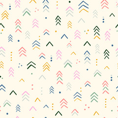 Abstract, stylized fir tree seamless background. Red, green and yellow dominate. Illustration for fabric, background, wallpaper, scrapbooking projects for kids.