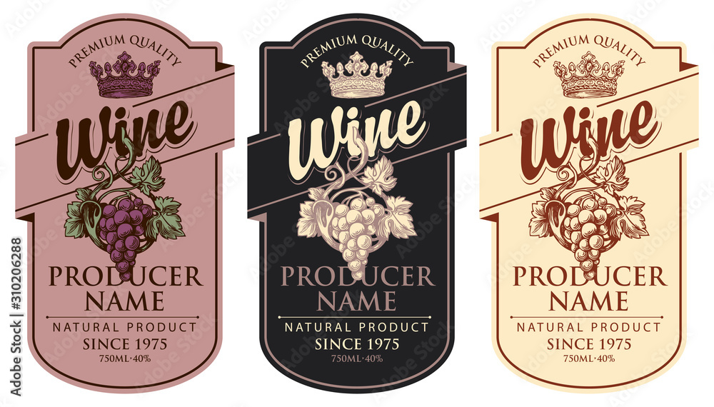 Poster set of three vector wine labels with hand-drawn bunches of grapes, crowns and calligraphic inscripti