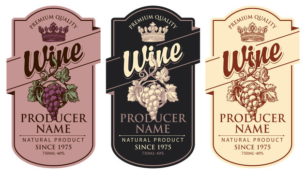 Set of three vector wine labels with hand-drawn bunches of grapes, crowns and calligraphic inscriptions in retro style in figured frames