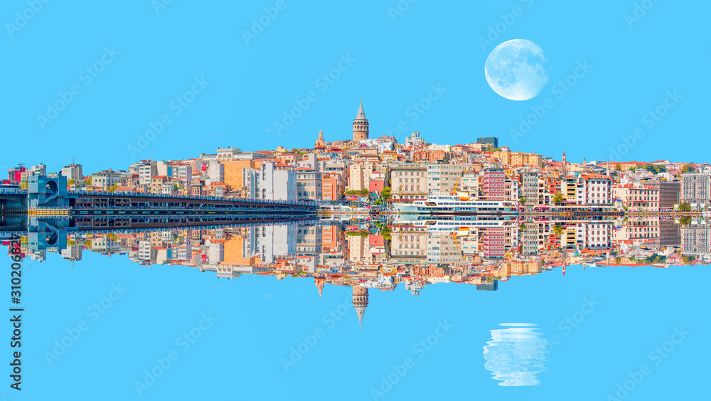 Wall mural galata tower, galata bridge, karakoy district and golden horn at morning with full moon - istanbul, 