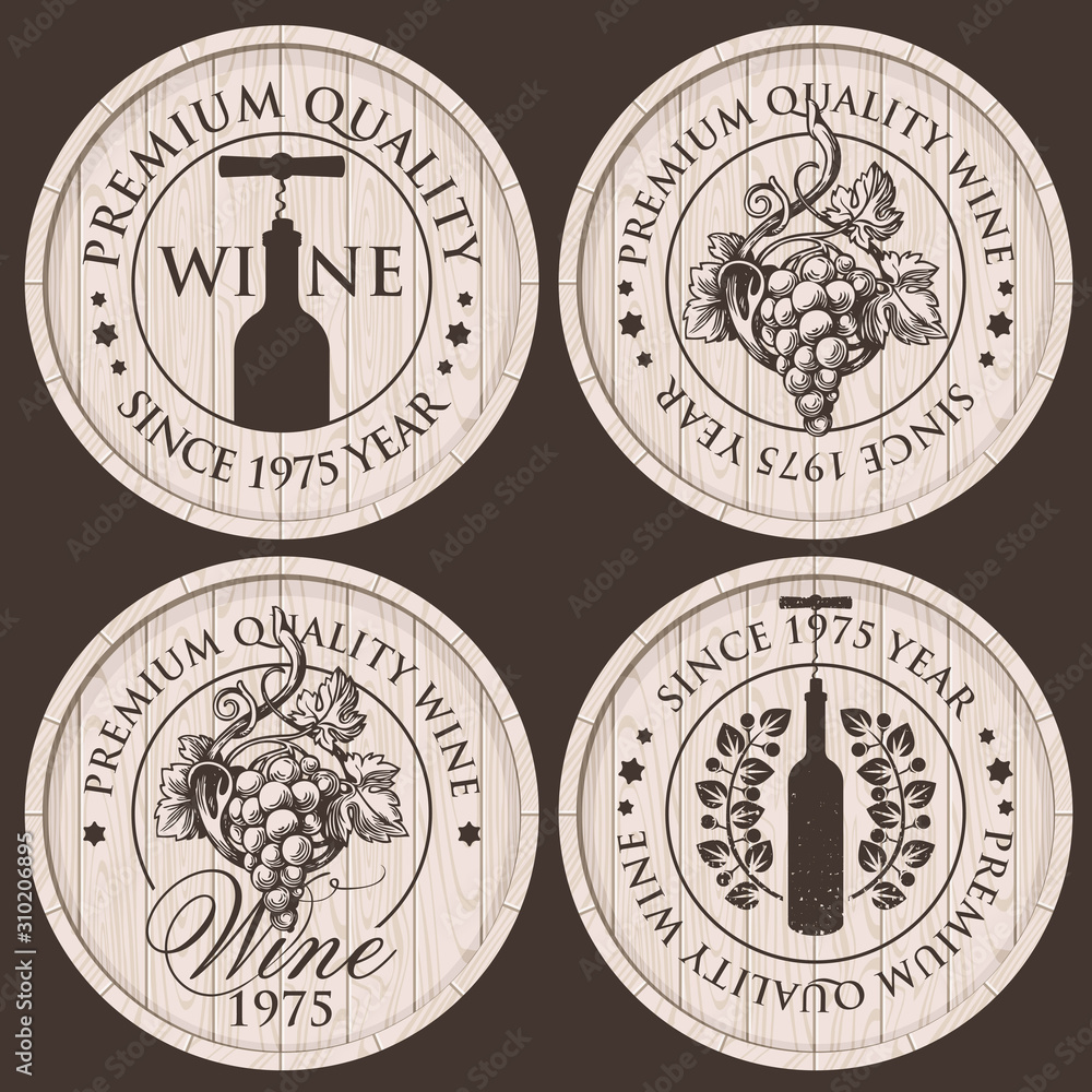 Poster vector set of emblems or labels of a round shape for wine shop and liquor store. labels on wooden ca