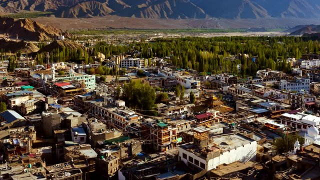 4K Zoom in Timelapse of Leh city view from Tsemo Maitreya Temple, Ladakh, India