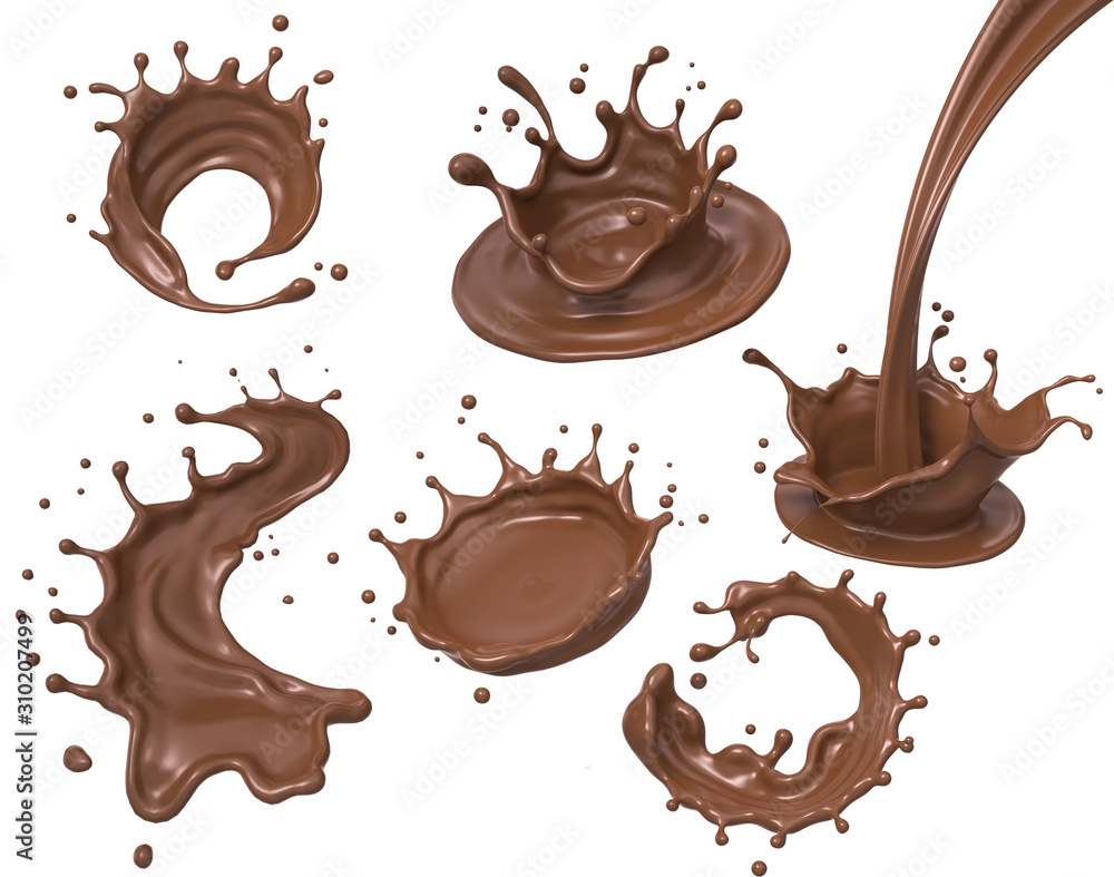 Poster set of chocolate or cocoa splash background element, 3d rendering.