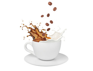 milk coffee splash in white cup with coffee beans, 3d illustration. - obrazy, fototapety, plakaty