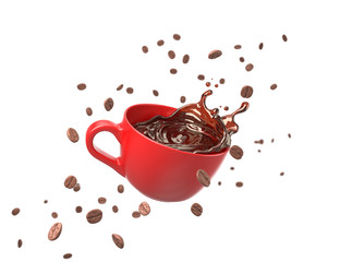 black coffee splash in red cup with coffee beans, 3d illustration.