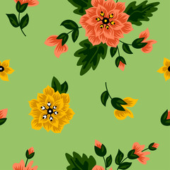 Seamless floral pattern with green background. Vector illustration for wallpapers, cards or fabric.
