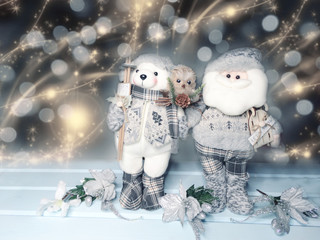 winter background with santa bear decor and snow