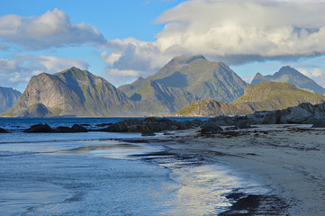 Spectacular view from one of the beaches near Myrland at mountains on Lofoten Islands in Norway