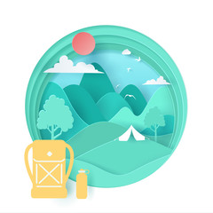 Vector paper art and landscape, digital craft style for  summer camping background with forest.