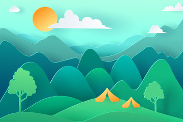Paper art and landscape, digital craft style for summer camping background with forest.