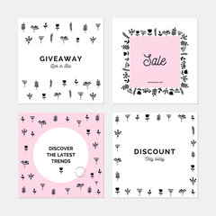 4 square layout templates for social media, mobile apps or banner design. Social media pack. Hand drawn floral backgrounds. Collection of creative cards.