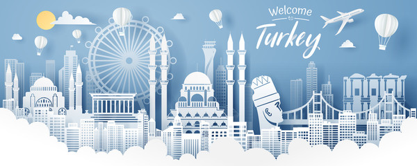 Paper cut of Turkey landmark, travel and tourism concept.