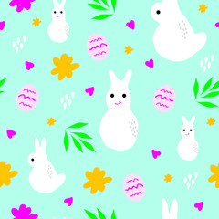 sweet Easter seamless pattern with Easter bunny and eggs in vector. Easter background in doodle style in vector