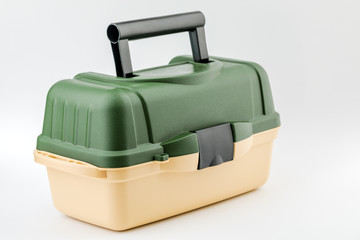 Box for fishing tackle on white background.