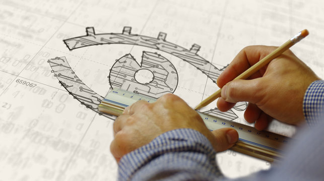 Cyber spying with eye symbol futuristic sketch