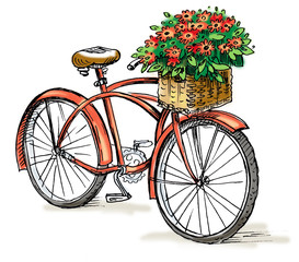 Naklejka na ściany i meble Red bicycle with basket of flowers. Hand drawn sketch. Romantic illustration for your design.