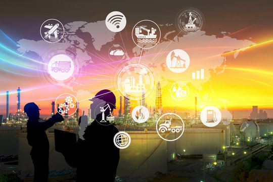 Silhouette of the engineering team is working at the oil refinery and icons connecting networking using industry concept