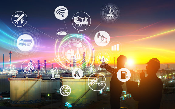 Silhouette of the engineering team is working at the oil refinery and icons connecting networking using industry concept - Powered by Adobe