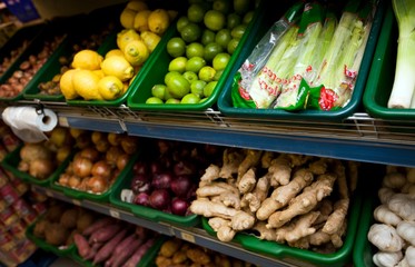 Various vegetables on display in grocery store