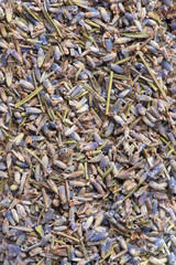 Dried lavender flowers, food background.