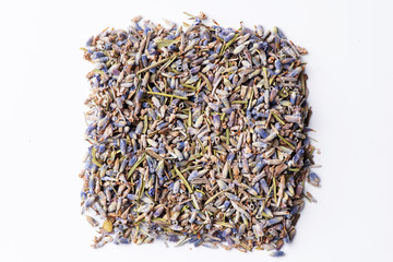 Dried lavender flowers, food background.