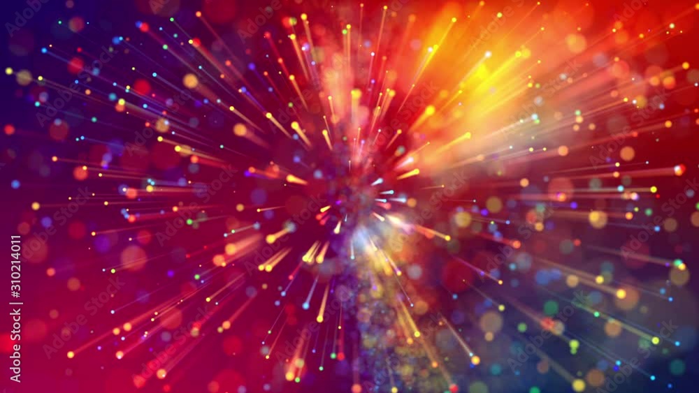 Poster multicolored light rays like laser show. 4k abstract background with shining bokeh sparkling particl