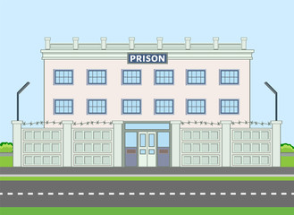 Colored prison building near the road with enclosure and barbed wire. Vector illustration in flat style with outlined stroke. Municipal city life banner. Gendarmerie area with protection barrier