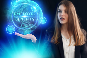 Business, Technology, Internet and network concept. Young businessman working on a virtual screen of the future and sees the inscription: Employee benefits