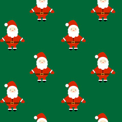 This is seamless pattern texture of Christmas Santa Claus on green background. Cartoon illustration. Wrapping paper.