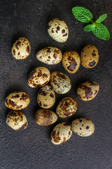 quail eggs (tasty fresh, vitamins) menu concept. food background. top view. copy space