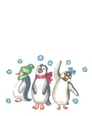three penguins in scarves and hat wave their wings in greeting