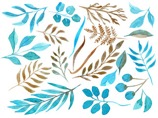 Set of watercolor hand drawn flowers greeneery in blue and gold.
