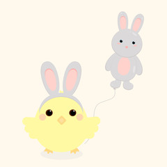 This is cartoon chicken and hare. Chick with balloon. Cute illustration on light background. Could be used for Easter Day.